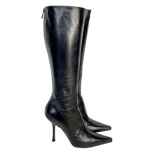 JIMMY CHOO Peony Boots Heel Knee High Black Leather Stiletto Zip 39.5 9.5